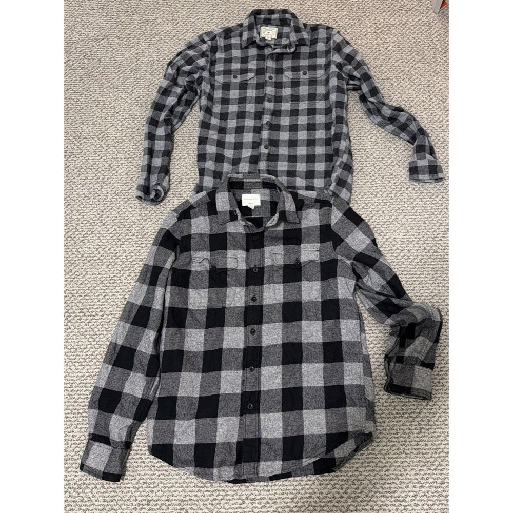 American Eagle AEO Flannel Shirt Lot 2 Plaid Black/Gray mens Size M Bundle